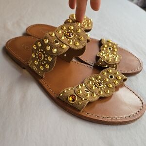 ASH Gold Amber Gem Studded Medallion Brown Leather Slip On Sandals